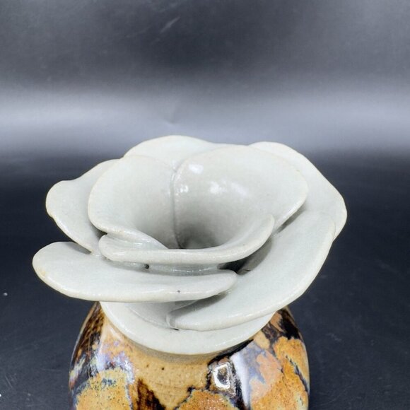 Vintage Studio Pottery Flower Shaped Bud Vase Drip Glaze Stoneware Signed Judy - Picture 9 of 12